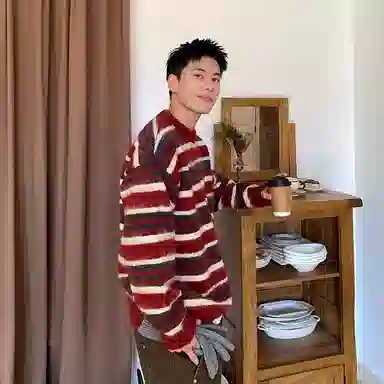 虫小绿 美式复古条纹撞色圆领上衣宽松仿貂绒外套慵懒风秋冬季保暖打底长袖百搭休闲针织衫 男女同款