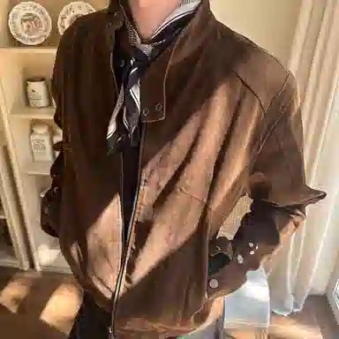 虫小绿 美式春秋季复古绒皮工艺立领哈灵顿短款外套潮流高级感时尚痞帅休闲百搭情侣款上衣夹克 男女同款