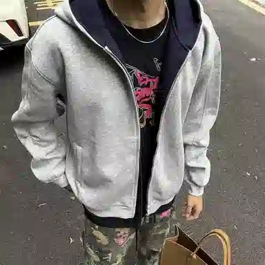 虫小绿 春秋季小众设计感美式高街内外撞色高级感情侣开衫外套双拉链宽松休闲百搭潮牌简约通勤廓形长袖重磅连帽卫衣 男女同款