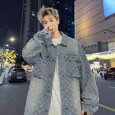 虫小绿 美式复古高街满印提花痞帅夹克春秋季炸街时尚潮流磨白做旧大口袋废土风休闲百搭舒适宽松工装牛仔外套 男女同款