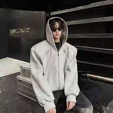 虫小绿 机车潮流行飞行服重磅百搭时尚工装条纹拉链高级感垫肩金属设计款小众高街连帽开衫立体解构宽松短款美式夹克外套 男女同款