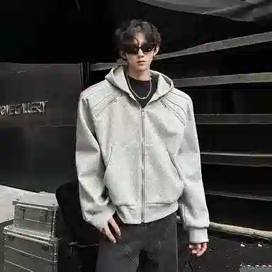 虫小绿 机车潮流行飞行服重磅百搭时尚工装条纹拉链高级感垫肩金属设计款小众高街连帽开衫立体解构宽松短款美式夹克外套 男女同款