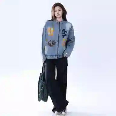 虫小绿 美式复古做旧高级感水洗花卉刺绣夹克上衣春秋季潮流高街宽松休闲慵懒拉链立领情侣牛仔外套 男女同款