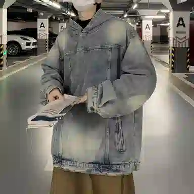 虫小绿 美式高街复古套头牛仔连帽上衣水洗做旧高级感春秋季宽松休闲工装夹克长袖外套情侣帽衫卫衣 男女同款