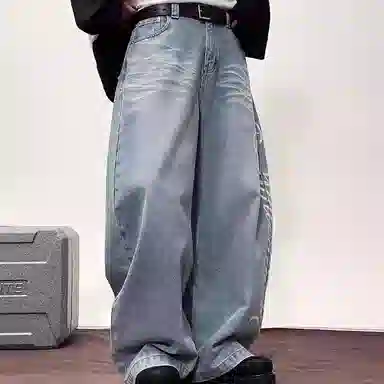 虫小绿 美式复古水洗蓝猫须花体字母印花弯刀休闲长裤子春秋季百搭潮流慵懒松弛感高街设计感阔腿直筒牛仔裤 男女同款