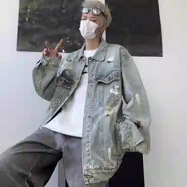 虫小绿 美式复古高街泼墨水洗做旧涂鸦牛仔外套春秋季潮流设计感宽松休闲破洞拼接翻领工装夹克 男女同款