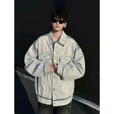 虫小绿 美式高街复古街头废土风做旧水洗明线装饰解构廓型四角标线痞帅潮流日常通勤高颜值宽松百搭洗选翻领长袖牛仔外套 男女同款