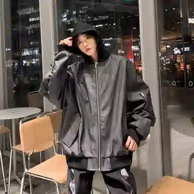 虫小绿 美式高街潮流连帽假两件嘻哈街头侧边大口袋纹理夹克外套春秋季宽松舒适百搭户外机能高级感开衫长袖休闲皮衣 男女同款