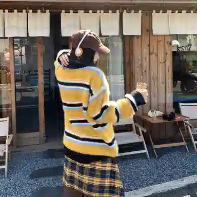 虫小绿 美式复古撞色条纹毛衣女秋冬宽松慵懒风软糯糯套头上衣针织衫 男女同款