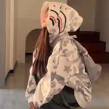 虫小绿 美式复古重磅假两件双帽鲨鱼头万针刺绣涂鸦卡通宽松运动上衣大码通勤百搭高街潮流满印迷彩长袖外套拉链开衫卫衣 男女同款