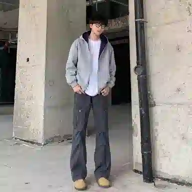 虫小绿 春秋季小众设计感美式高街内外撞色高级感长袖重磅开衫外套双拉链宽松休闲百搭潮牌简约廓形情侣款连帽卫衣 男女同款
