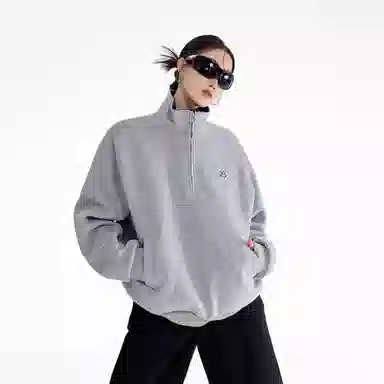 虫小绿 美式潮牌复古基础纯色胸口小标时尚半拉链立领上衣外套秋冬季痞帅气质百搭宽松休闲情侣款卫衣 男女同款
