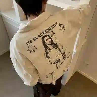 虫小绿 美式做旧重工脏染背扣高级设计感复古翻领夹克摇滚印花宽松春秋季潮流舒适百搭高街潮牌嘻哈街头风痞帅休闲牛仔外套 男女同款