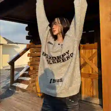 虫小绿 美式复古亨特领字母绣花纽扣套头毛线衣外套秋冬季休闲宽松慵懒设计感百搭针织衫 男女同款