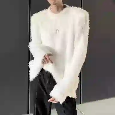虫小绿 秋冬季慵懒风仿水貂毛绒垫肩上衣潮流高级感痞帅休闲纯色毛衣百搭宽松套头圆领针织衫 男女同款