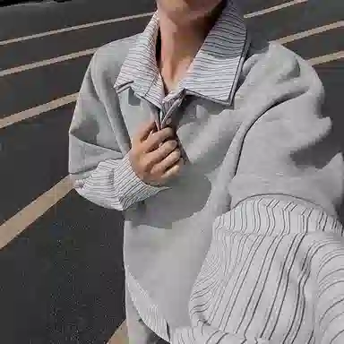 虫小绿 美式复古假两件拼接条纹痞帅高级感衬衫领套头上衣内搭春秋季百搭宽松休闲潮流插领设计长袖卫衣 男女同款