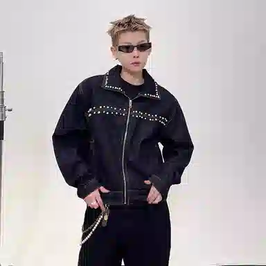 虫小绿 潮流设计立体珍珠钉珠小版型短款夹克长袖上衣宽松春秋美式水洗做旧街头小众高级感休闲百搭牛仔外套 男女同款