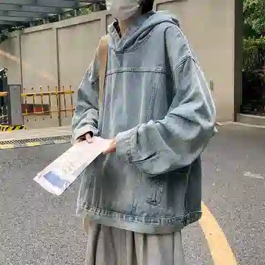 虫小绿 美式水洗做旧高街风套头连帽外套上衣休闲春秋季街头潮牌宽松复古痞帅百搭牛仔帽衫长袖卫衣 男女同款