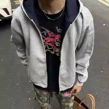 虫小绿 春秋季小众设计感美式高街内外撞色高级感情侣开衫外套双拉链宽松休闲百搭潮牌简约通勤廓形长袖重磅连帽卫衣 男女同款