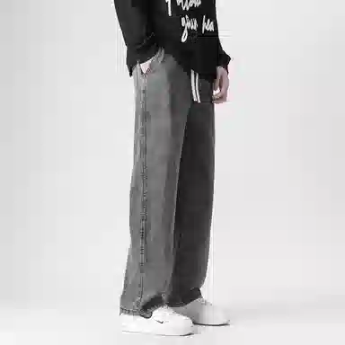 虫小绿 美式复古潮牌高街纯色水洗直筒裤宽松舒适松紧腰裤子休闲裤抽绳百搭长裤牛仔裤 男女同款