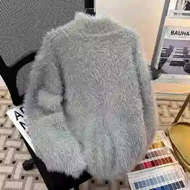 虫小绿 秋冬季时尚提花仿水貂毛立领毛线衣外套保暖拉链开衫毛衣帅气慵懒风松弛感高级弹力打底百搭宽松休闲垂感针织衫 男女同款