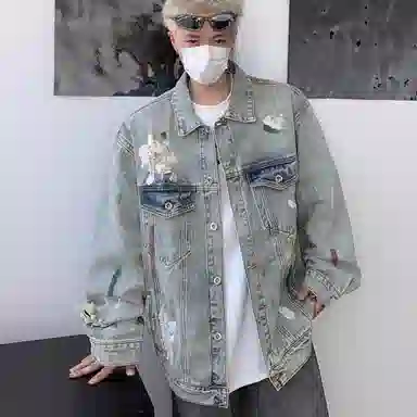 虫小绿 美式复古高街泼墨水洗做旧涂鸦牛仔外套春秋季潮流设计感宽松休闲破洞拼接翻领工装夹克 男女同款