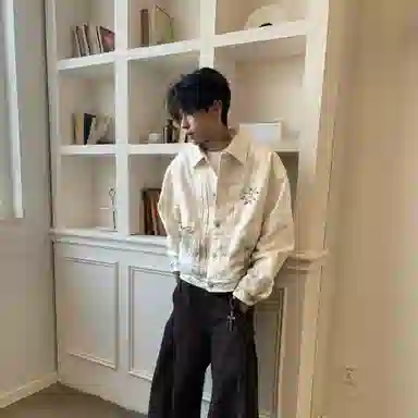 虫小绿 美式做旧重工脏染背扣高级设计感复古翻领夹克摇滚印花宽松春秋季潮流舒适百搭高街潮牌嘻哈街头风痞帅休闲牛仔外套 男女同款