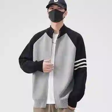 虫小绿 美式高街国潮牌开衫毛衣春秋季立领撞色三杠外套百搭休闲毛线衣服双拉链针织衫 男女同款