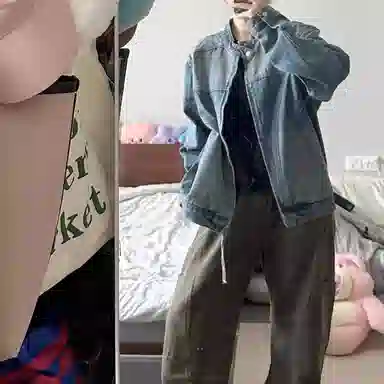 虫小绿 美式简约小众设计分割解构夹克衫春秋季潮流复古痞帅百搭水洗长袖上衣短款机车工装立领牛仔外套 男女同款