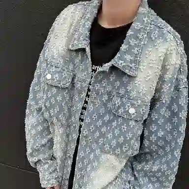 虫小绿 美式复古设计满印提花工艺宽松经典翻领夹克春秋季潮流高级感痞帅休闲水洗做旧小香风工装大口袋百搭牛仔外套 男女同款