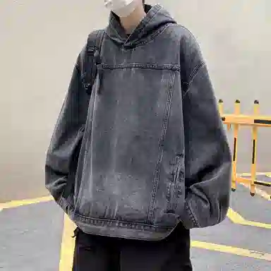 虫小绿 美式水洗做旧高街风套头连帽外套上衣休闲春秋季街头潮牌宽松复古痞帅百搭牛仔帽衫长袖卫衣 男女同款