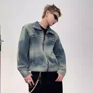 虫小绿 潮流设计立体珍珠钉珠小版型短款夹克长袖上衣宽松春秋美式水洗做旧街头小众高级感休闲百搭牛仔外套 男女同款
