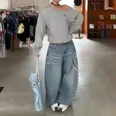 虫小绿 美式复古水洗猫须纹做旧字母印花设计小众高级感休闲长裤阔腿裤子宽松学院风通勤旅行百搭显瘦直筒牛仔裤 男女同款