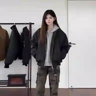 虫小绿 美式高街复古潮牌侧边拉链设计翻领百搭日常通勤休闲工装哈灵顿飞行员短款底特律纯色夹克 男女同款