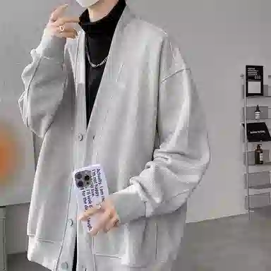 虫小绿 潮牌纯色华夫格开衫外套春秋季日系慵懒风高级感百搭宽松休闲简约夹克上衣情侣款卫衣 男女同款