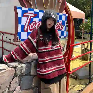 虫小绿 美式复古撞色条纹毛衣女秋冬宽松慵懒风软糯糯套头上衣针织衫 男女同款