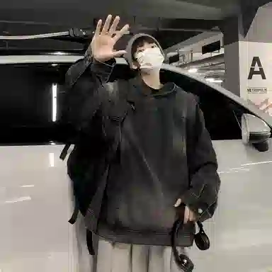 虫小绿 美式高街复古套头牛仔连帽上衣水洗做旧高级感春秋季宽松休闲工装夹克长袖外套情侣帽衫卫衣 男女同款