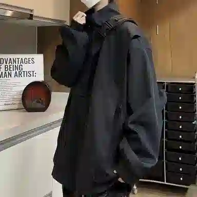 虫小绿 港风日系美式融合多功能透气舒适百搭工装飞行员立领拼接拉链款外套休闲宽松情侣款潮流翻领开衫夹克 男女同款