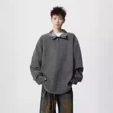虫小绿 美式高街学院风基础款纯色上衣外套休闲格子拼接翻领设计感宽松户外通勤百搭港风痞帅高级感长袖卫衣 男女同款