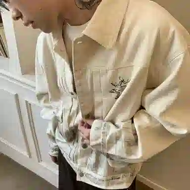 虫小绿 美式做旧重工脏染背扣高级设计感复古翻领夹克摇滚印花宽松春秋季潮流舒适百搭高街潮牌嘻哈街头风痞帅休闲牛仔外套 男女同款