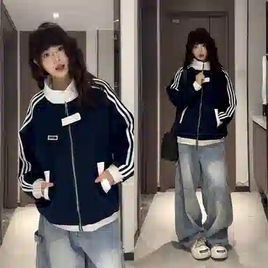 虫小绿 美式复古拼接撞色学院运动风外套春秋款潮牌三条杠夹克宽松痞帅街头舒适时尚休闲个性通勤百搭拉链卫衣 男女同款