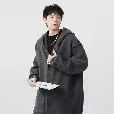 虫小绿 高级感纯色开衫秋冬季潮流痞帅宽松慵懒风休闲百搭通勤大口袋帽衫针织衫 男女同款