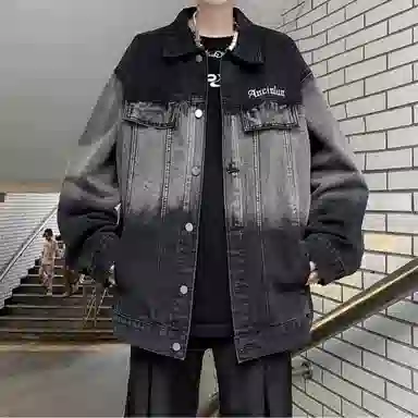 虫小绿 春秋季高街水洗渐变绣花字母上衣美式潮牌休闲宽松复古设计单排扣翻领夹克牛仔外套 男女同款