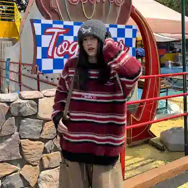 虫小绿 美式复古撞色条纹毛衣女秋冬宽松慵懒风软糯糯套头上衣针织衫 男女同款