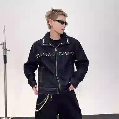 虫小绿 潮流设计立体珍珠钉珠小版型短款夹克长袖上衣宽松春秋美式水洗做旧街头小众高级感休闲百搭牛仔外套 男女同款