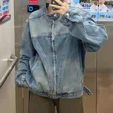 虫小绿 美式简约小众设计分割解构夹克衫春秋季潮流复古痞帅百搭水洗长袖上衣短款机车工装立领牛仔外套 男女同款