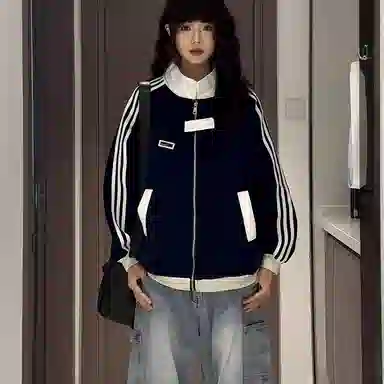 虫小绿 美式复古拼接撞色学院运动风外套春秋款潮牌三条杠夹克宽松痞帅街头舒适时尚休闲个性通勤百搭拉链卫衣 男女同款