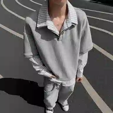 虫小绿 美式复古假两件拼接条纹痞帅高级感衬衫领套头上衣内搭春秋季百搭宽松休闲潮流插领设计长袖卫衣 男女同款