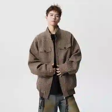 虫小绿 美式高级感千鸟格哈灵顿立领开衫外套春秋季潮流设计宽松休闲工装长袖上衣情侣百搭拉链夹克 男女同款