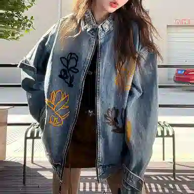 虫小绿 式潮牌重磅花卉刺绣立领夹克春秋季高街痞帅复古水洗做旧高级感宽松休闲拉链开衫牛仔外套 男女同款
